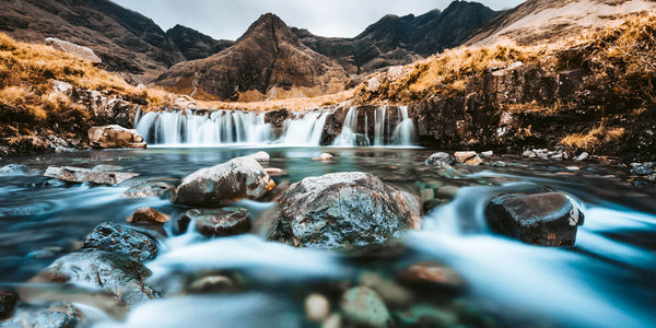 View of Fairy Pools and Black Cuilin mountain on the Isle of Skye in Scotland.