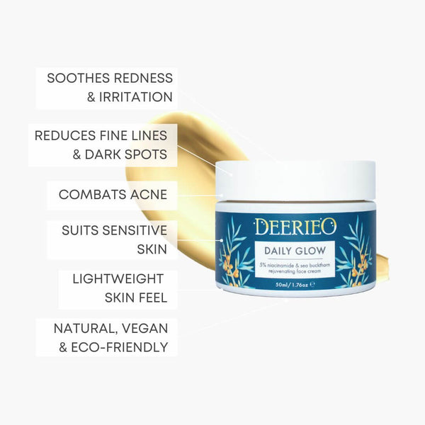 Deerieo Daily Glow face cream suits sensitive skin, reduces acne, wrinkles and is eco-friendly.