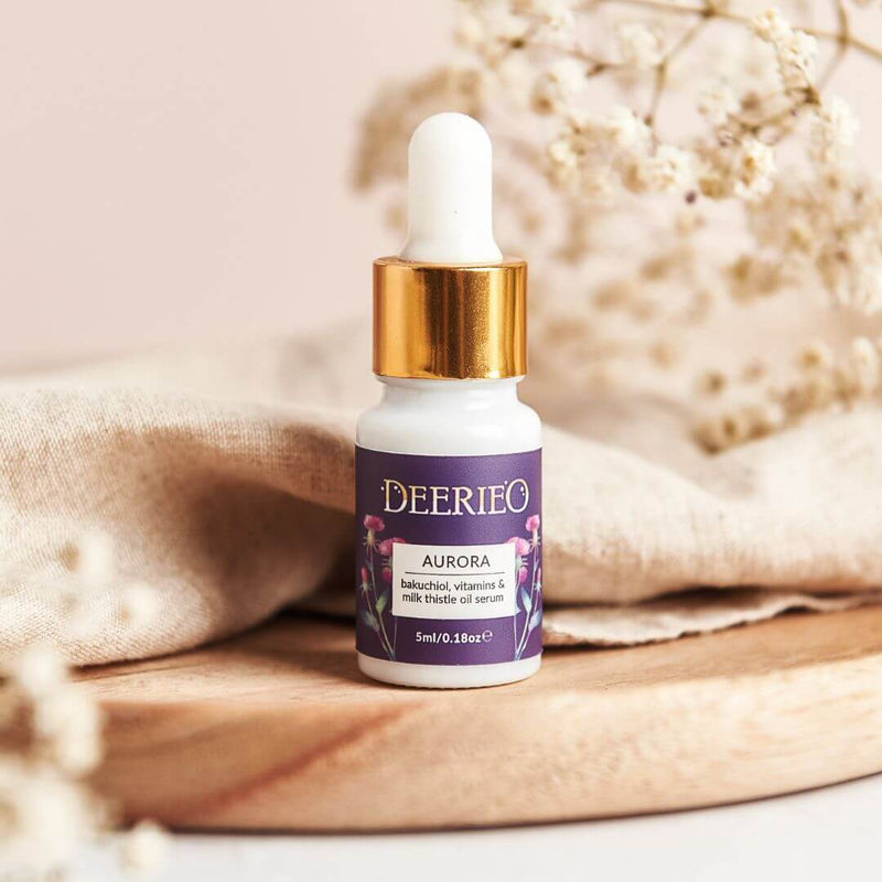 Deerieo Aurora facial oil serum is available in a 5ml discovery and travel size glass dropper bottle.