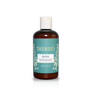 Deerieo Selkie hand and body lotion with advanced algae complex, panthenol and aloe vera in 250ml bottle.