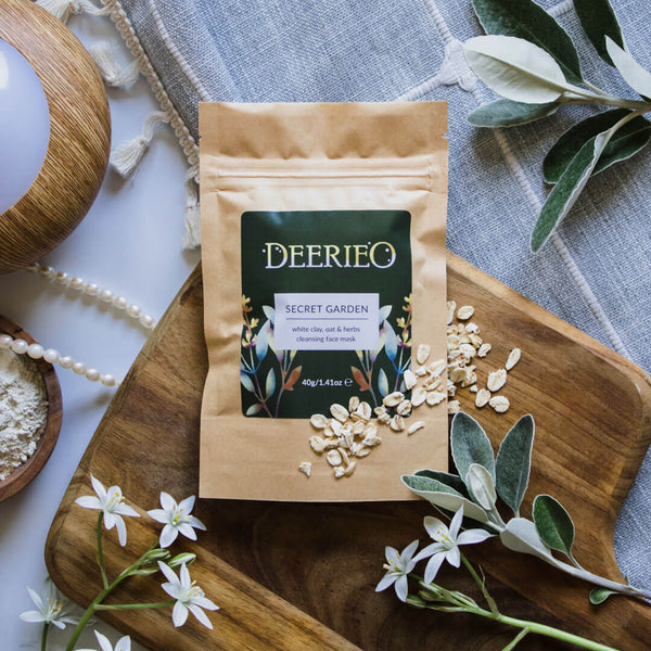 Deerieo Secret Garden exfoliating facial clay mask in a biodegradable kraft pouch in travel size 40 grams.
