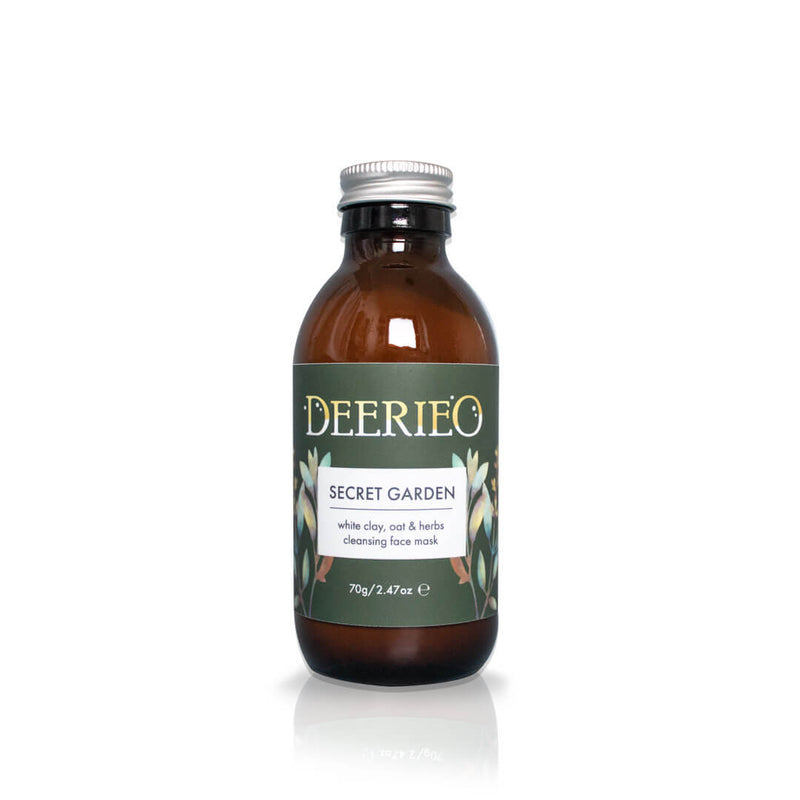 Secret Garden Cleansing Face Mask by Deerieo Natural Skincare Solutions comes in a recyclable glass bottle with aluminium cap.