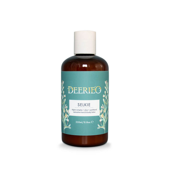 Deerieo Selkie Hand and Body Lotion with advanced Five Algae complex, d panthenol and aloe vera in a 250ml amber PET bottle with white disc top cap.