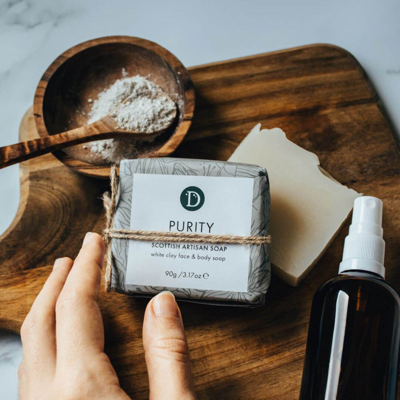 Deerieo Purity Face and Body Soap contains white clay and is scented with lavender, bergamot and rose geranium.